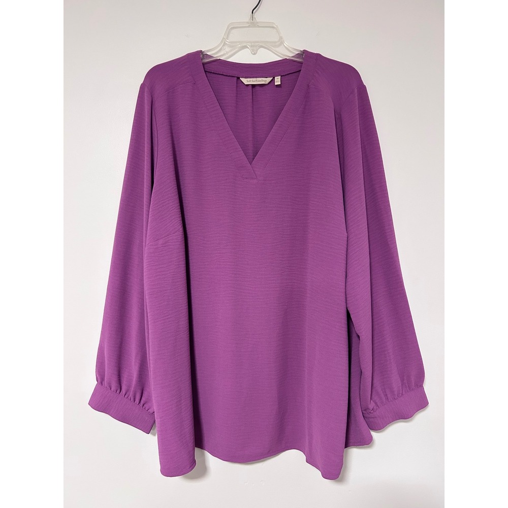 Soft Surroundings Womens 3X Purple V-Neck Long Sleeve Crepe Blouse Top SGP77